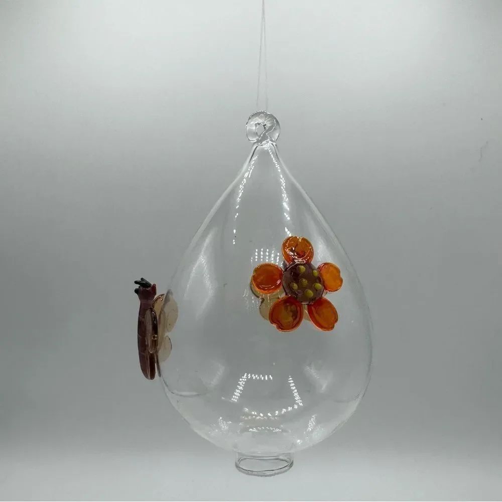 Blown Glass Garden Ornament Clear Handmade Applied Flower Butterflies